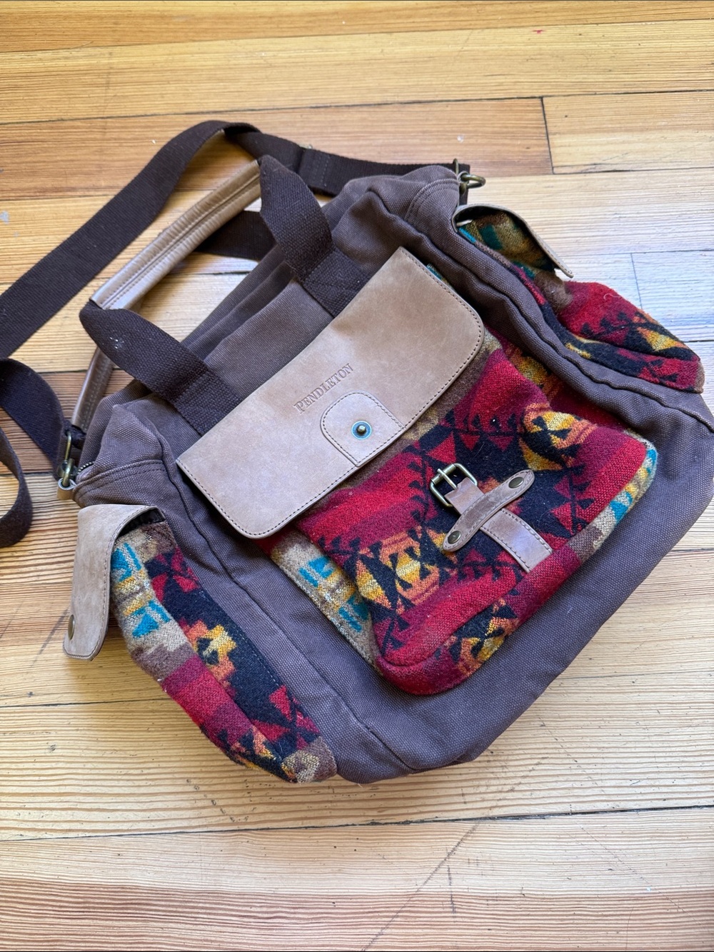 Pendleton Brown Canvas Leather Tote with Red Patterned Wool Panels